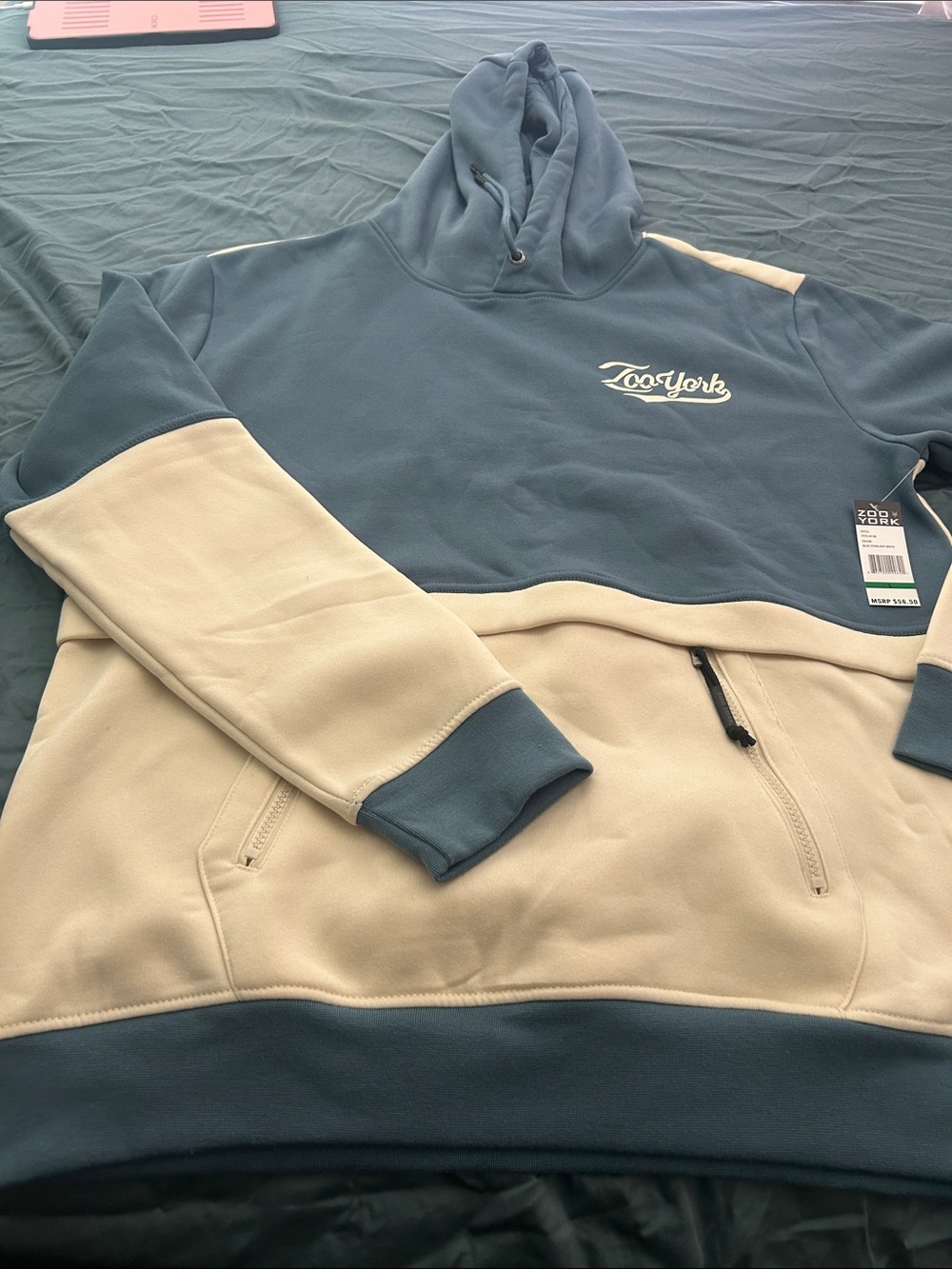 New Zoo York Blue and Cream Colorblock Crewneck Hoodie